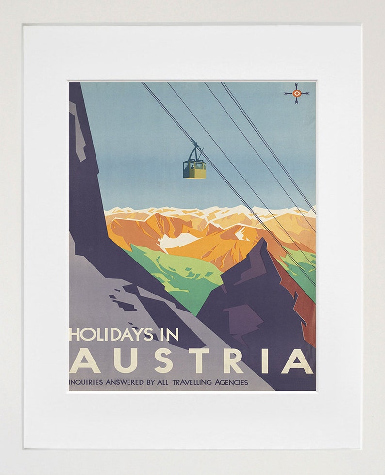 May include: A vintage travel poster advertising holidays in Austria. The poster features a colorful illustration of a mountain range with a cable car ascending to the top. The text "HOLIDAYS IN AUSTRIA" is displayed in bold, white letters at the bottom of the poster. The text "INQUIRIES ANSWERED BY ALL TRAVELLING AGENCIES" is displayed in smaller, white letters below the main text.