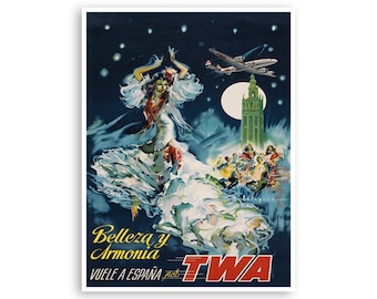 Op de afbeelding: Een vintage reisposter die reclame maakt voor TWA-vluchten naar Spanje. De poster toont een vrouw in een witte jurk die danst tegen een achtergrond van een sterrenhemel met volle maan. De tekst op de poster luidt "Belleza y Armonia VUELA A ESPAÑA por TWA".