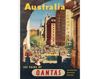 May include: Vintage travel poster for Australia, featuring a city street scene with cars and pedestrians. The poster has the word "Australia" in yellow and the Qantas logo. The poster is framed by an archway.
