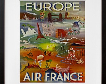 May include: A vintage travel poster advertising Air France flights to Europe. The poster features a colorful illustration of iconic landmarks from various European countries, including the Eiffel Tower, Big Ben, and the Colosseum. The text "Europe" is displayed in bold blue letters at the top of the poster, and "Air France" is displayed in bold blue letters at the bottom.