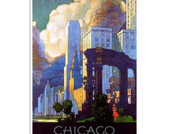 Chicago Painting Vintage Travel Poster Illinois Art Print (ZT260)a
