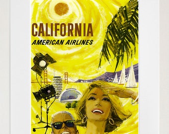 Op de afbeelding: Een vintage reisposter die reclame maakt voor Californië met een gele achtergrond en een zon aan de hemel. De poster toont een vrouw met haar hand voor haar ogen die naar de zon kijkt, een man met een zonnebril en een palmboom. De tekst op de poster luidt "California American Airlines".