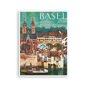 May include: A vintage travel poster for Basel, Switzerland. The poster features a stylized illustration of the city's skyline, including the Munster, a river, and a boat. The text "BASEL SCHWEIZ SUISSE SWITZERLAND" is printed in white on a teal background.