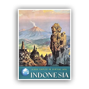 May include: A vintage travel poster advertising tourism in Indonesia. The poster features a colourful illustration of Hindu temples in Central Java, with a mountain in the background. The text "HINDU TEMPLES IN CENTRAL JAVA INDONESIA" is printed at the bottom of the poster.