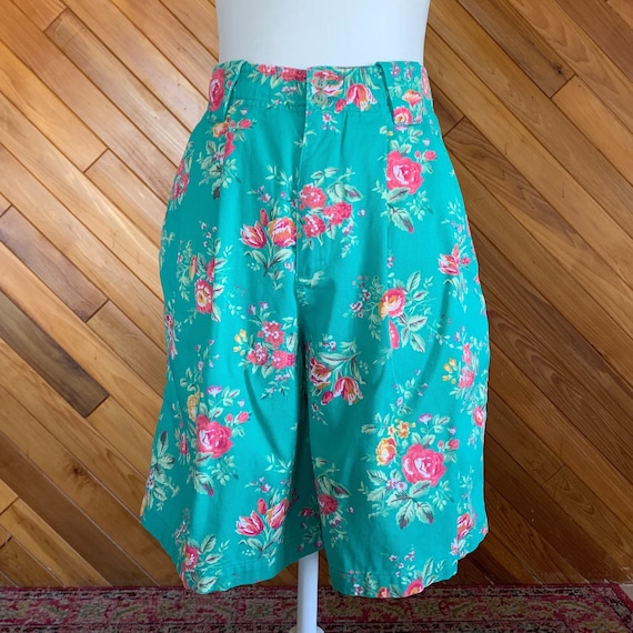 Vintage 80s High Waisted Teal Floral Shorts - image 1