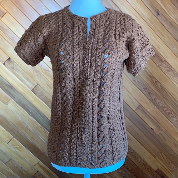 Vintage Knit Henley Short Sleeve Sweater T-Shirt - image 1