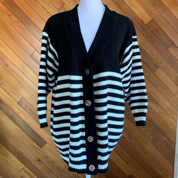 Vintage 80s B&W Striped Cardigan with Gold Buttons - image 1