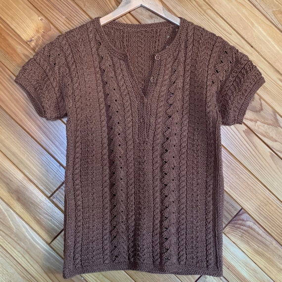Vintage Knit Henley Short Sleeve Sweater T-Shirt - image 3