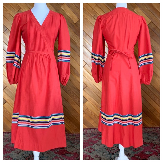 Vintage 70s Albert Nipon Cotton Wrap Dress with R… - image 1