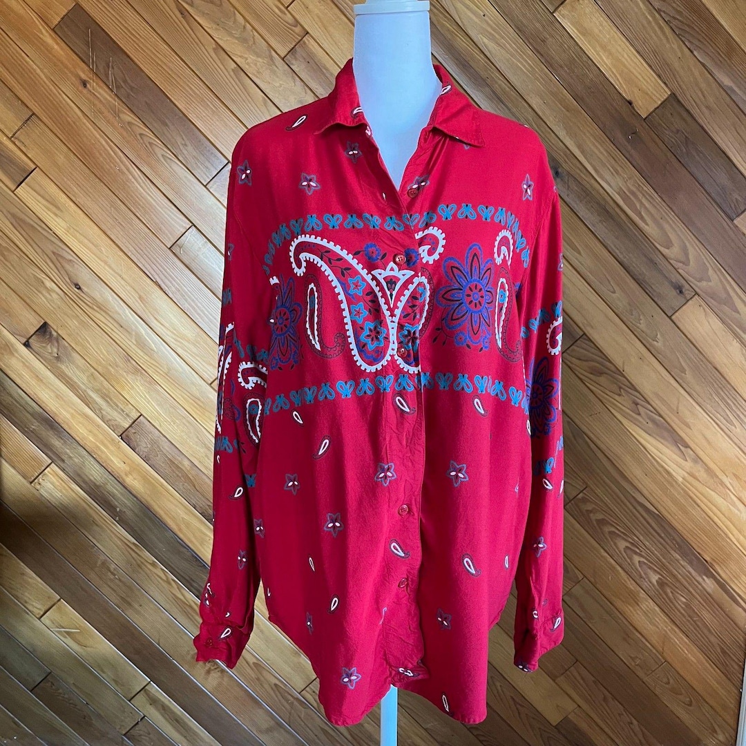 Vintage 90s Red Bandana Print Blouse - Etsy