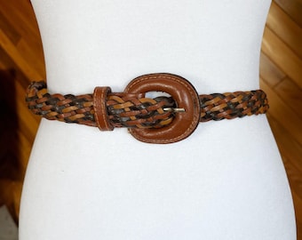 Vintage 90s Woven Braided Brown Leather Belt Silver Buckle  display picture 1