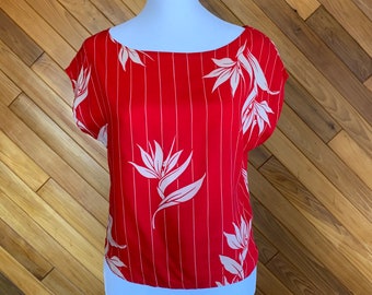 Vintage 80s Red & White Striped and Bird of Paradise Top