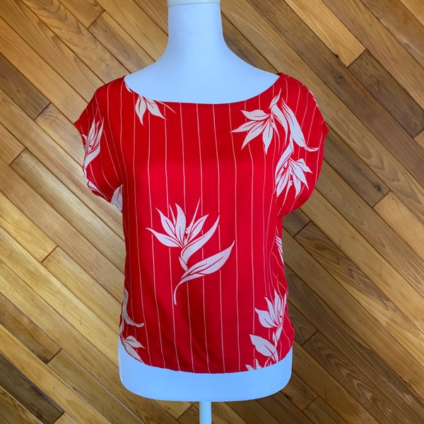 Vintage 80s Red & White Striped and Bird of Paradise Top