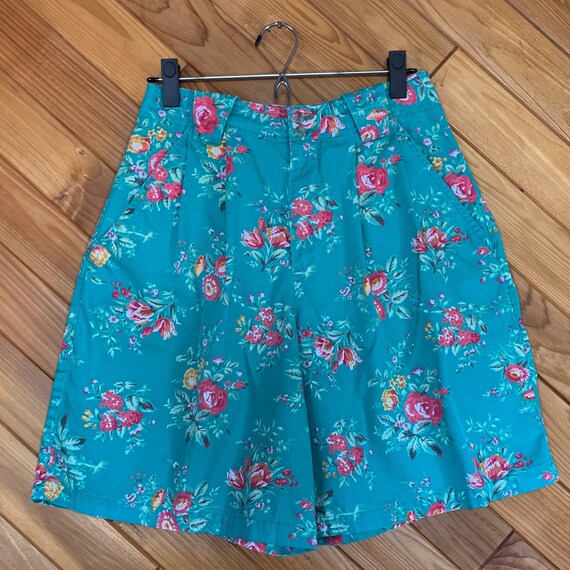 Vintage 80s High Waisted Teal Floral Shorts - image 5