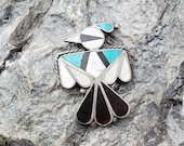Vintage Zuni Inlaid Thunderbird Pin Turquoise Mother of Pearl Black Onyx