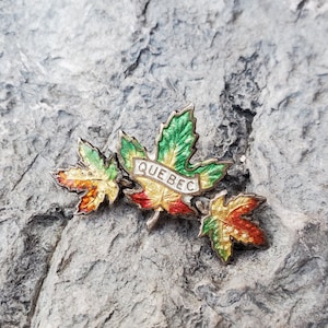 May include: A silver pin with three maple leaves, each with different colored enamel. The center leaf is green, yellow, and red. The leaves on either side are red, yellow, and orange. The pin has the word "QUEBEC" written on a white banner.