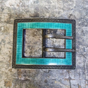 Antique Guilloche Enameled Sterling Silver Belt Buckle
