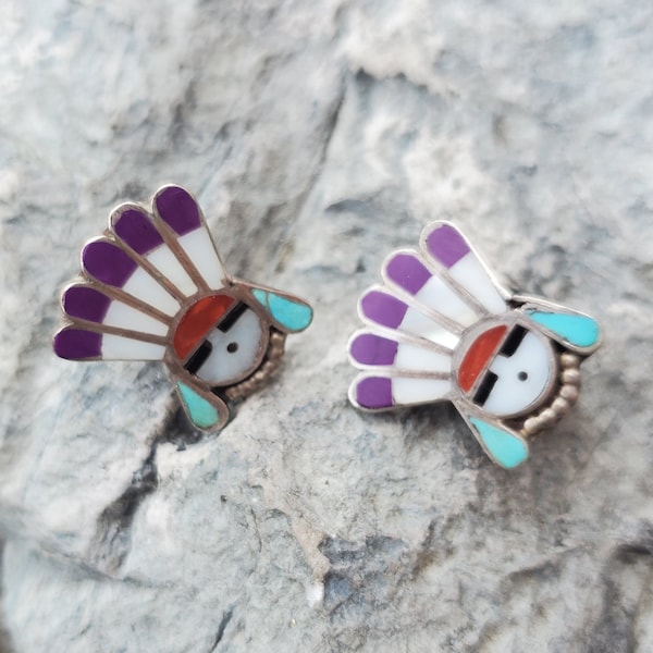 Unusual Zuni Inlaid Sunface Clip-On Earrings