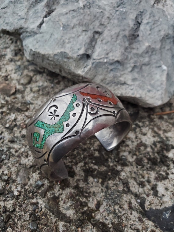 Omg!! Vintage Native American Navajo Lapis Inlay Coral Sterling Silver Bracelet Old Cuff Omg!! Vintage Native American Navajo Lapis Inlay Coral Sterling Silver Bracelet Old Cuff