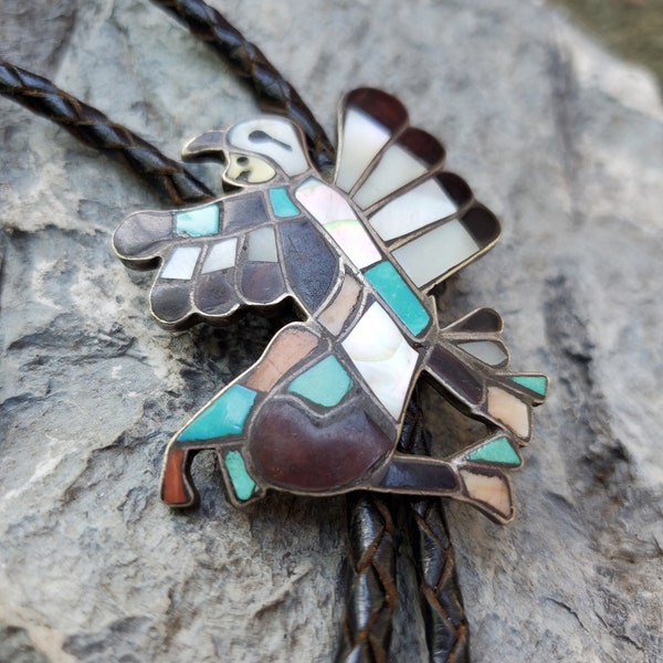 Zuni Channel Inlay Eagle Dancer Bolo Tie Signed WM. Zunie