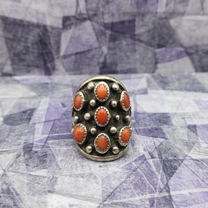 Navajo Coral Ring Size 6 Vintage Sterling Silver and Mediterranean Coral Cluster