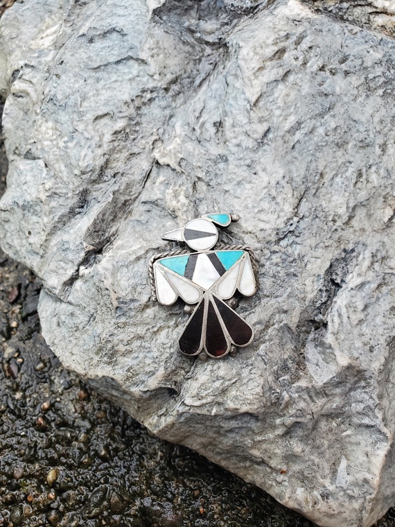 Vintage Zuni Inlaid Thunderbird Pin Turquoise Moth