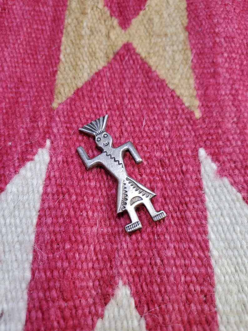 Vintage Navajo Sand Cast Yei Dancer Pin Stampwork Sterling Silver