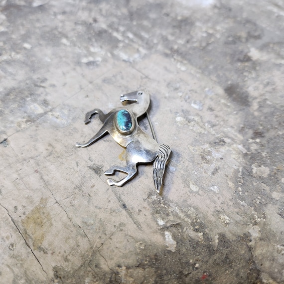Navajo Silver & Turquoise Horse Brooch Vintage - image 3