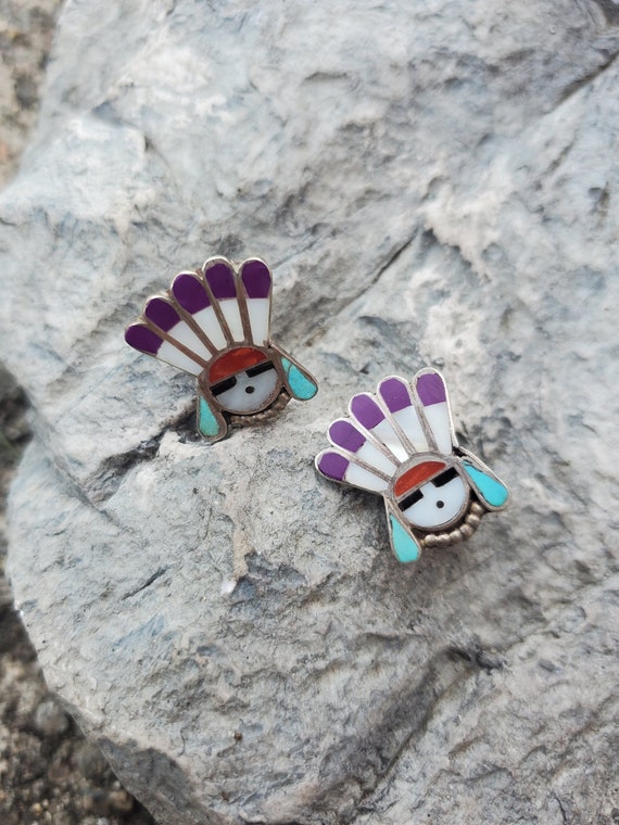 Unusual Zuni Inlaid Sunface Clip-On Earrings - image 2