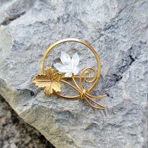Vintage Gold Filled Leaf Brooch Mother of Pearl Creed