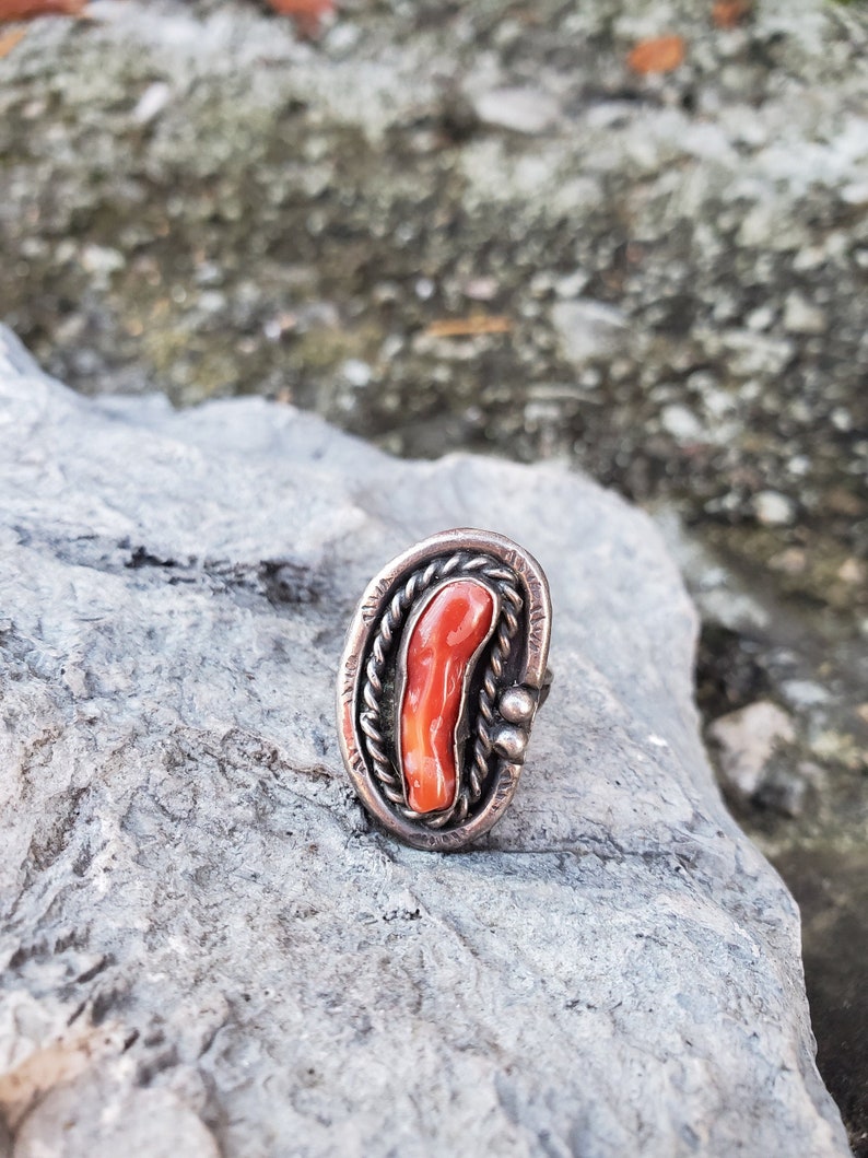 Navajo Coral Ring Sterling Silver Vintage Size 5