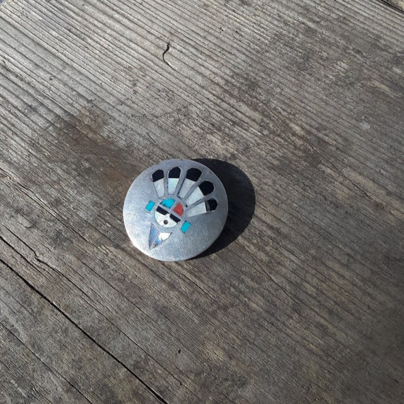 Zuni Inlay Pin Sunface Sterling Silver Vintage Tu… - image 1