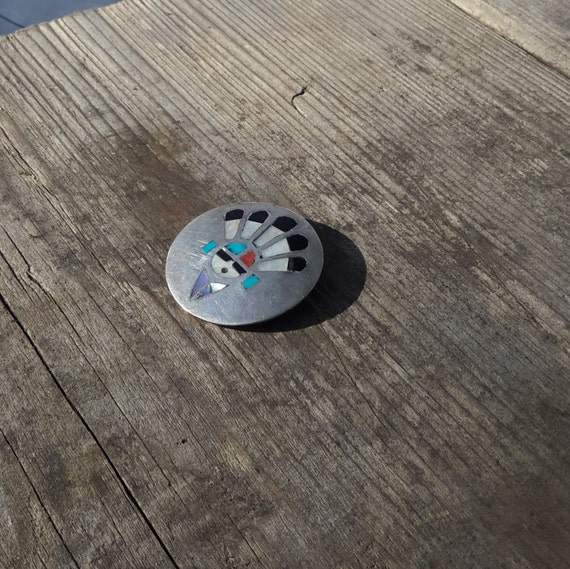 Zuni Inlay Pin Sunface Sterling Silver Vintage Tu… - image 2