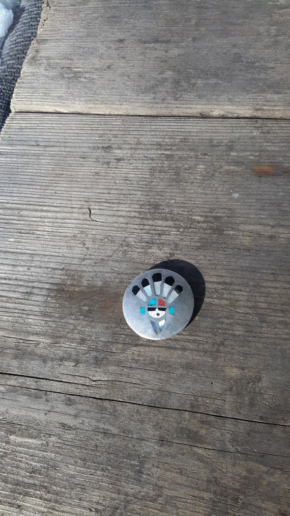 Zuni Inlay Pin Sunface Sterling Silver Vintage Tu… - image 3