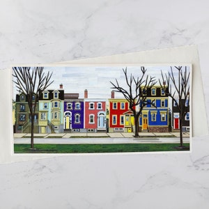 Carte de voeux 4 x 8 North Park Street, maisons colorées Halifax, collage de papier, Nouvelle-Écosse, art maritime, Andrea Crouse, livraison gratuite