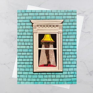 Leg Lamp Blue Christmas Greeting Card 4.25x5.5, Maisons colorées Halifax, Art du collage de papier, Nouvelle-Écosse, Art maritime, Andrea Crouse