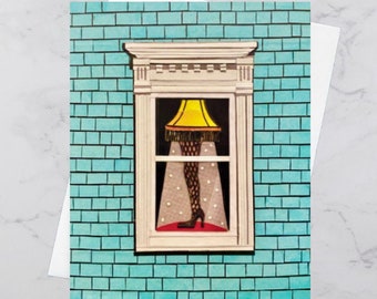 Leg Lamp Blue Christmas Greeting Card 4.25x5.5, Colourful houses Halifax, Paper collage art, Nova Scotia, Maritime art, Andrea Crouse