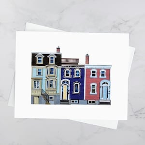 North Park House Trio Greeting Card 4.25x5.5, Maisons colorées Halifax, Paper collage art, Nouvelle-Écosse, Art maritime, Andrea Crouse