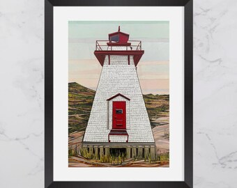 St. Peters Harbour Lighthouse Print, Prince Edward Island, Paper collage art, PEI  print, Maritime art