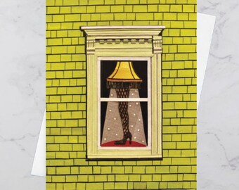 Leg Lamp Green Christmas Greeting Card 4.25x5.5, Colourful houses Halifax, Paper collage art, Nova Scotia, Maritime art, Andrea Crouse