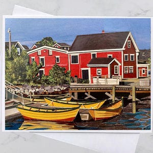 Carte de voeux Where the Doris Sleep 4,25 x 5,5, Lunenburg, Nouvelle-Écosse, collage sur papier, Nouvelle-Écosse, art maritime, Andrea Crouse