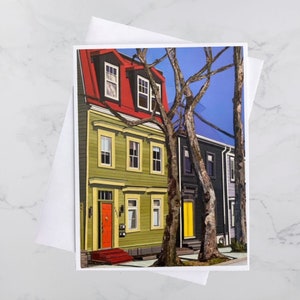 Agricola Street Trees Greeting Card 5x7, Maisons colorées Halifax, Collage de papier, Nouvelle-Écosse, Art maritime, Andrea Crouse, Livraison gratuite