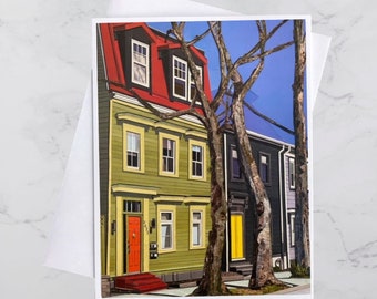 Agricola Street Trees Greeting Card 5x7, Colourful houses Halifax, Paper collage, Nova Scotia, Maritime art, Andrea Crouse, Free Shipping