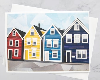 Agricola Street Greeting Card 5x7, Four Sisters Halifax, Paper collage art, Nova Scotia, Maritime art, Andrea Crouse, Free Shipping