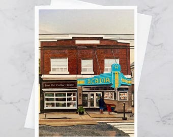 Al Whittle Theatre Greeting Card, 4.25x5.5, Wolfville, Paper collage art, Nova Scotia, Maritimes, Andrea Crouse, Free Shipping, Acadia