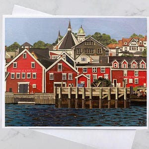 Carte de voeux Les couleurs de Lunenburg 4,25 x 5,5, Rive sud de la Nouvelle-Écosse, collage sur papier, Nouvelle-Écosse, Art maritime, Andrea Crouse