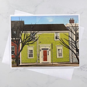 La maison verte carte de voeux 5 x 7, maisons colorées Halifax, art collage papier, Nouvelle-Écosse, art maritime, Andrea Crouse, livraison gratuite