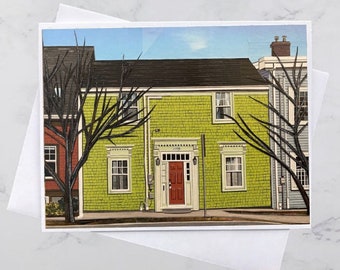 The Green House Greeting Card 5x7, Colourful houses Halifax, Paper collage art, Nova Scotia, Maritime art, Andrea Crouse, Free Shipping