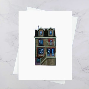 North Park Olive Green House Carte de vœux 4.25x5.5, Maisons colorées Halifax, Paper collage art, Nouvelle-Écosse, Art maritime, Andrea Crouse