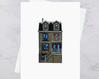 North Park Olive Green House Greeting Card 4.25x5.5, Colourful houses Halifax, Paper collage art, Nova Scotia, Maritime art, Andrea Crouse